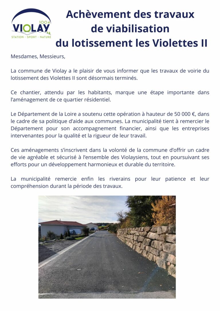 Achèvement travaux lotissement « Les Violettes II »