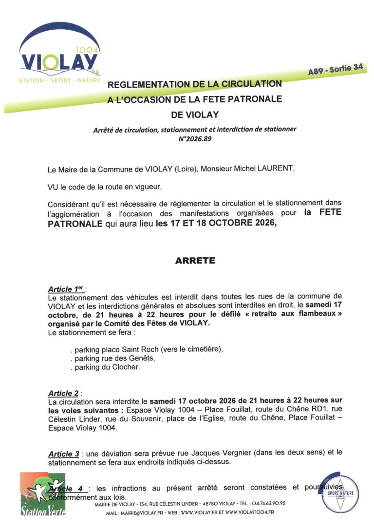 Règlementation de la circulation pendant la fête patronale de Violay