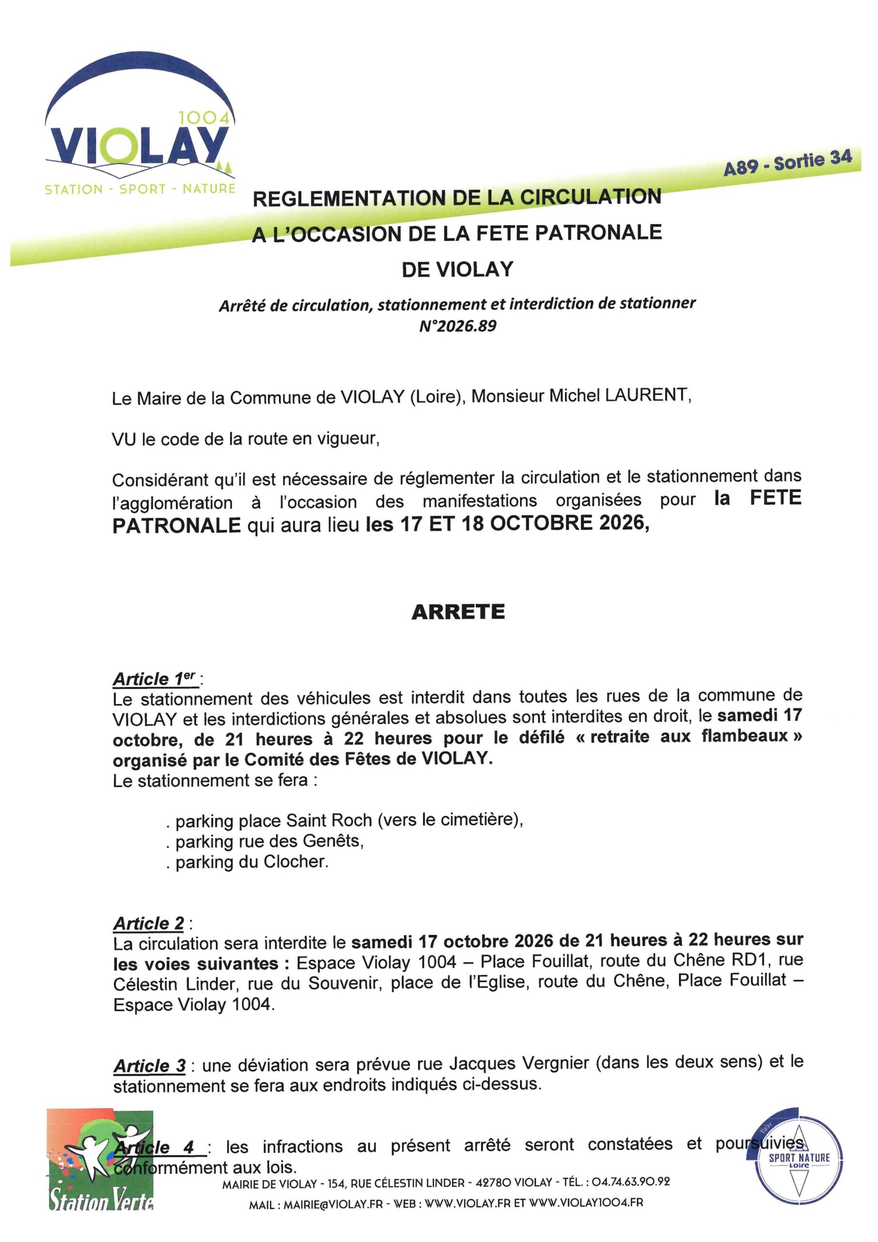 Lire la suite à propos de l’article Règlementation de la circulation pendant la fête patronale de Violay